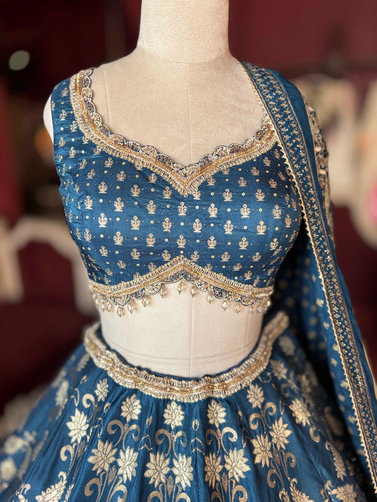 Deep Teal Blue Gold Embroidered Lehenga with Matching Dupatta