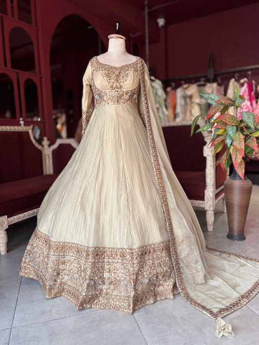 Ivory Gold Embroidered Anarkali Gown with Dupatta