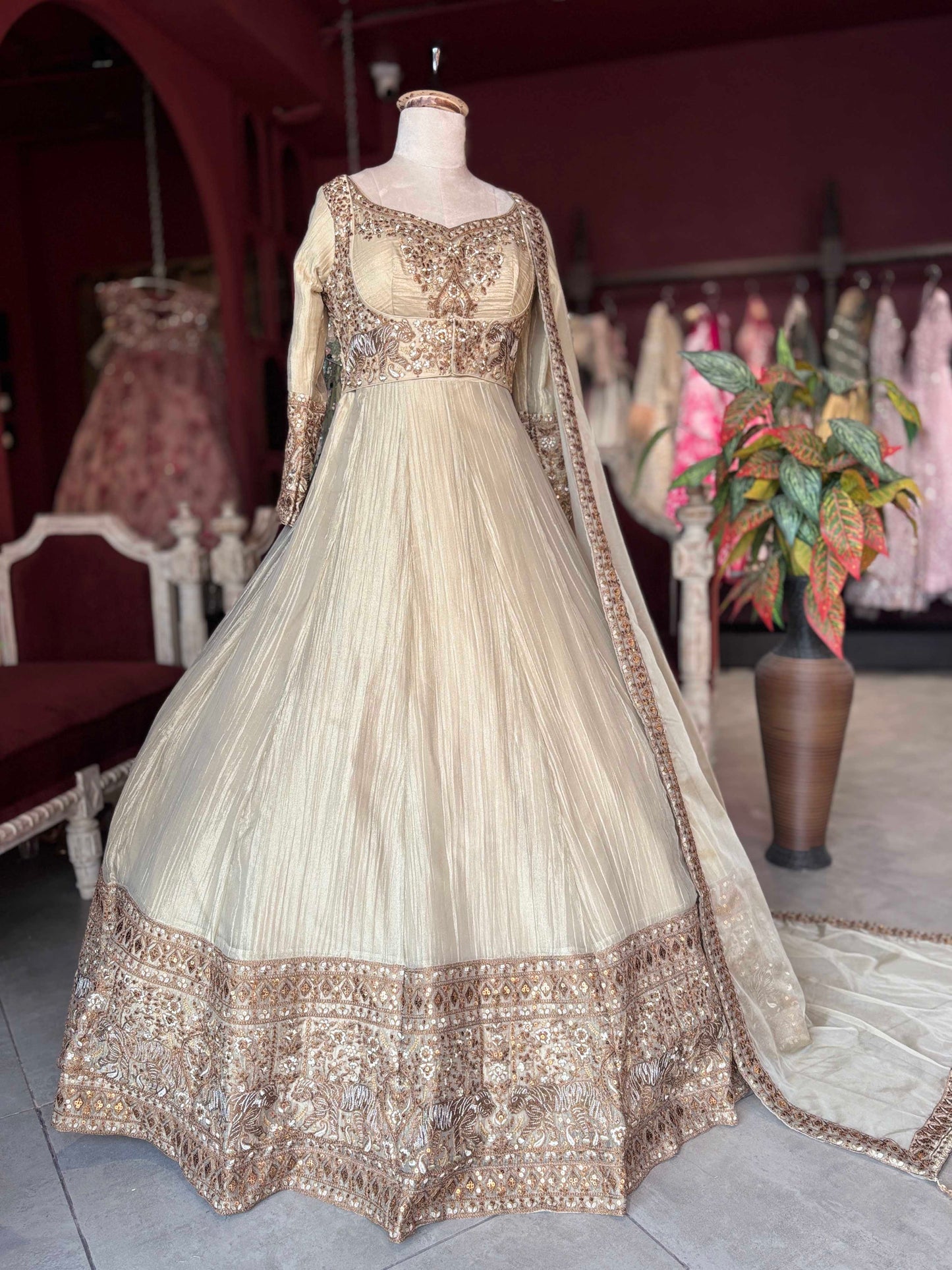 Ivory Gold Embroidered Anarkali Gown with Dupatta