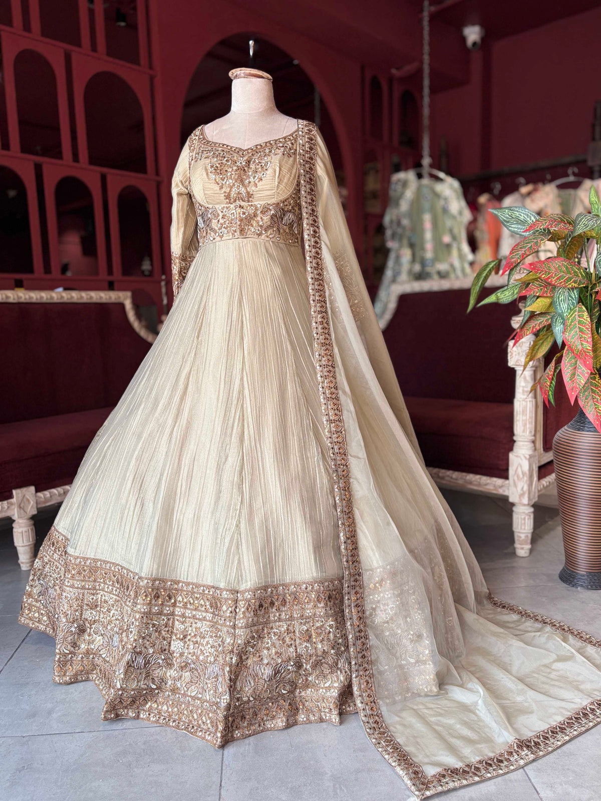 Ivory Gold Embroidered Anarkali Gown with Dupatta