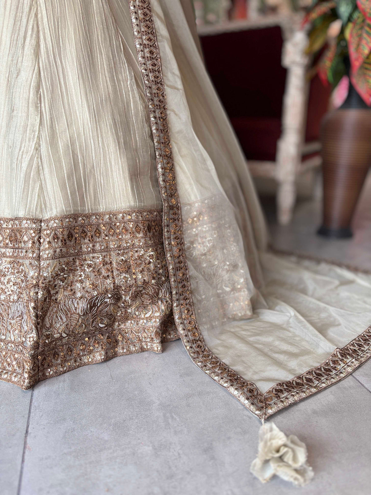 Ivory Gold Embroidered Anarkali Gown with Dupatta