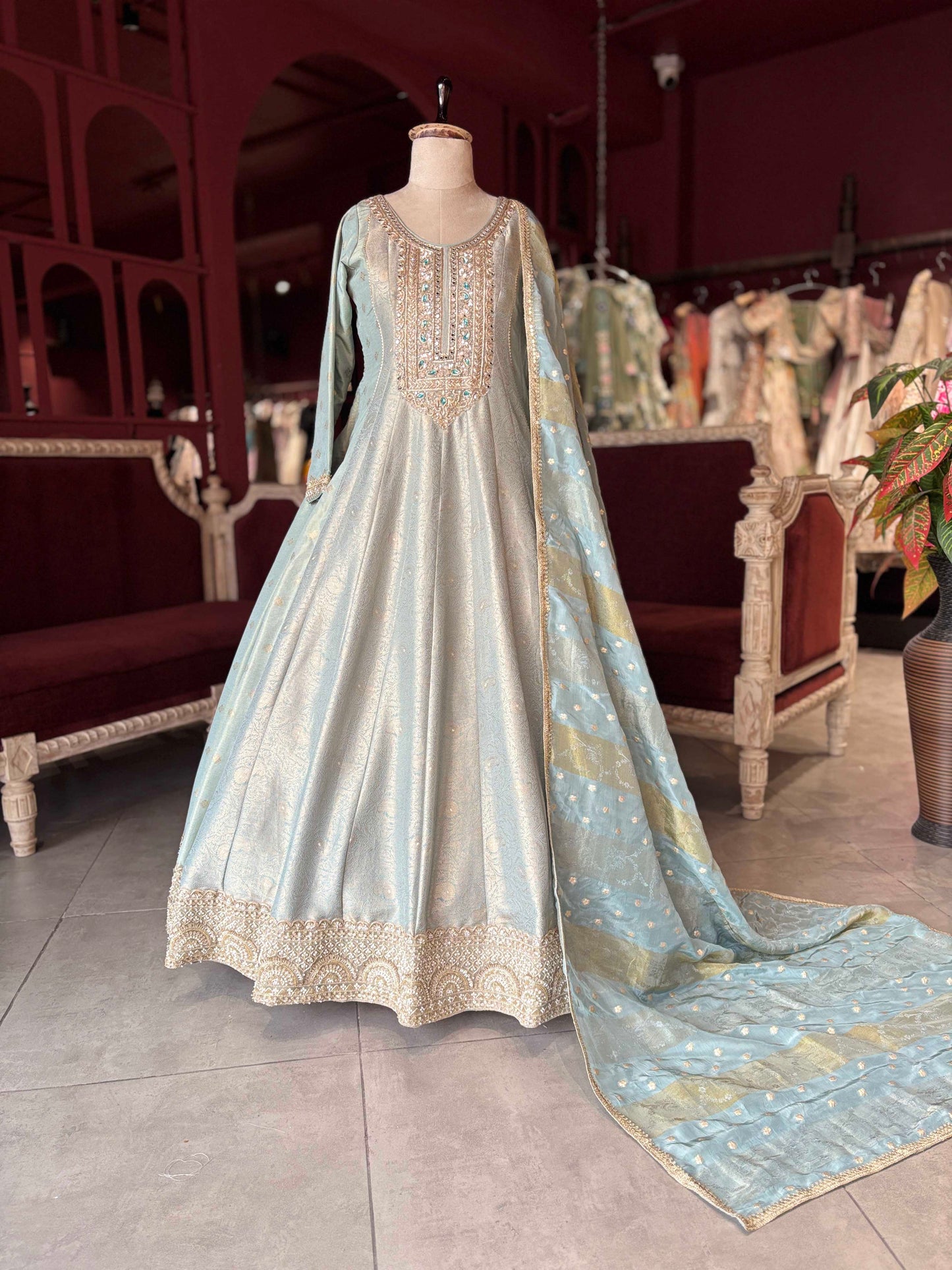 Ice Blue & Gold Embroidered Anarkali Gown with Dupatta