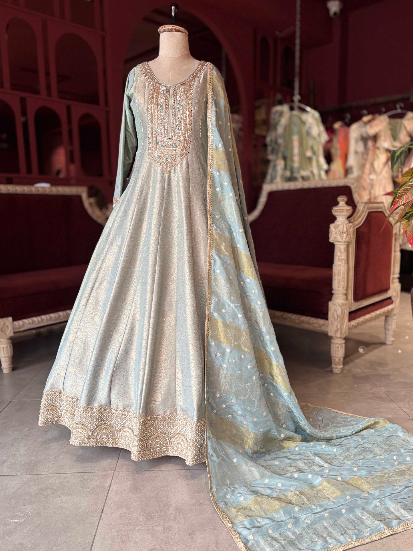Ice Blue & Gold Embroidered Anarkali Gown with Dupatta