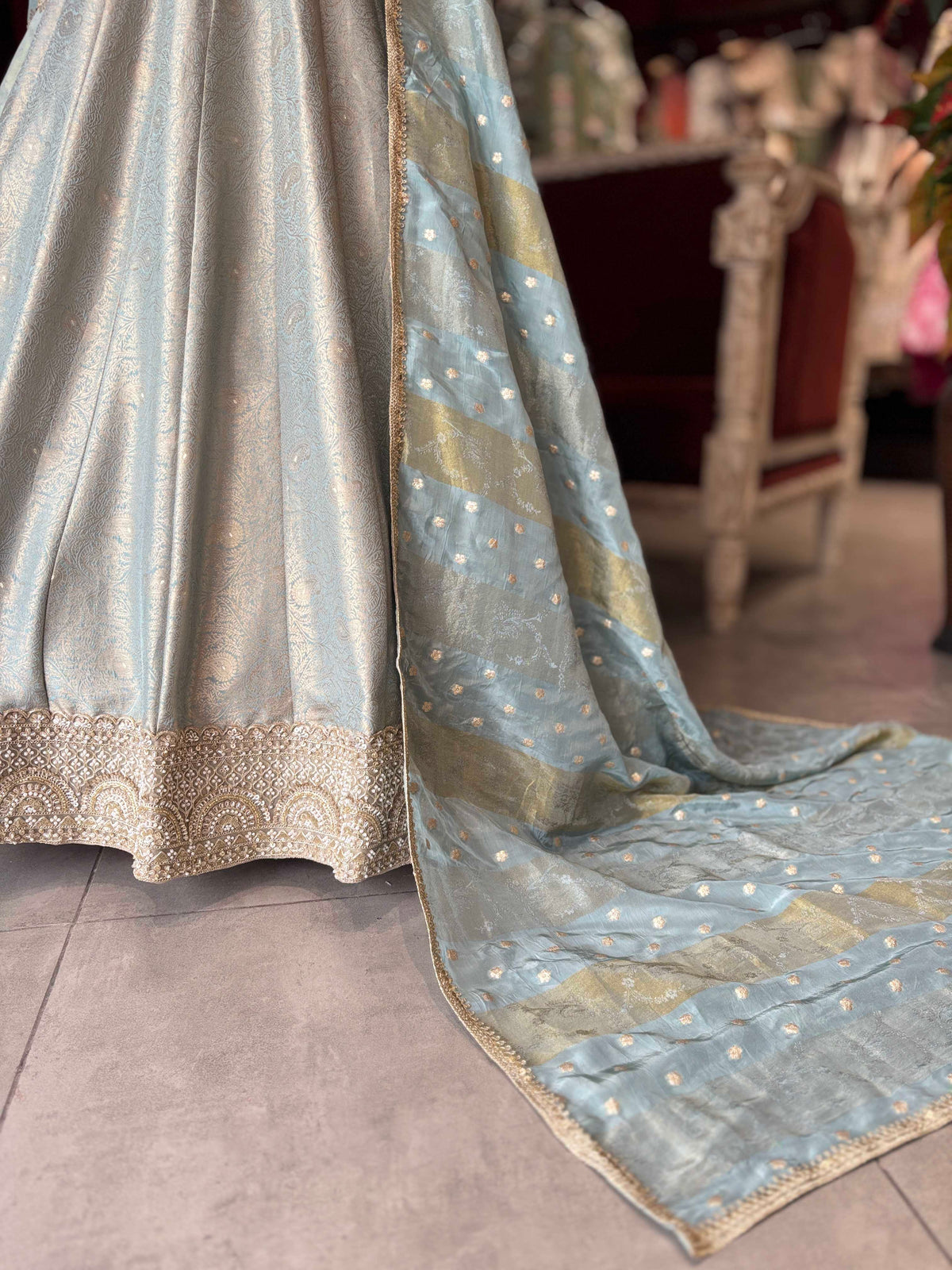Ice Blue & Gold Embroidered Anarkali Gown with Dupatta