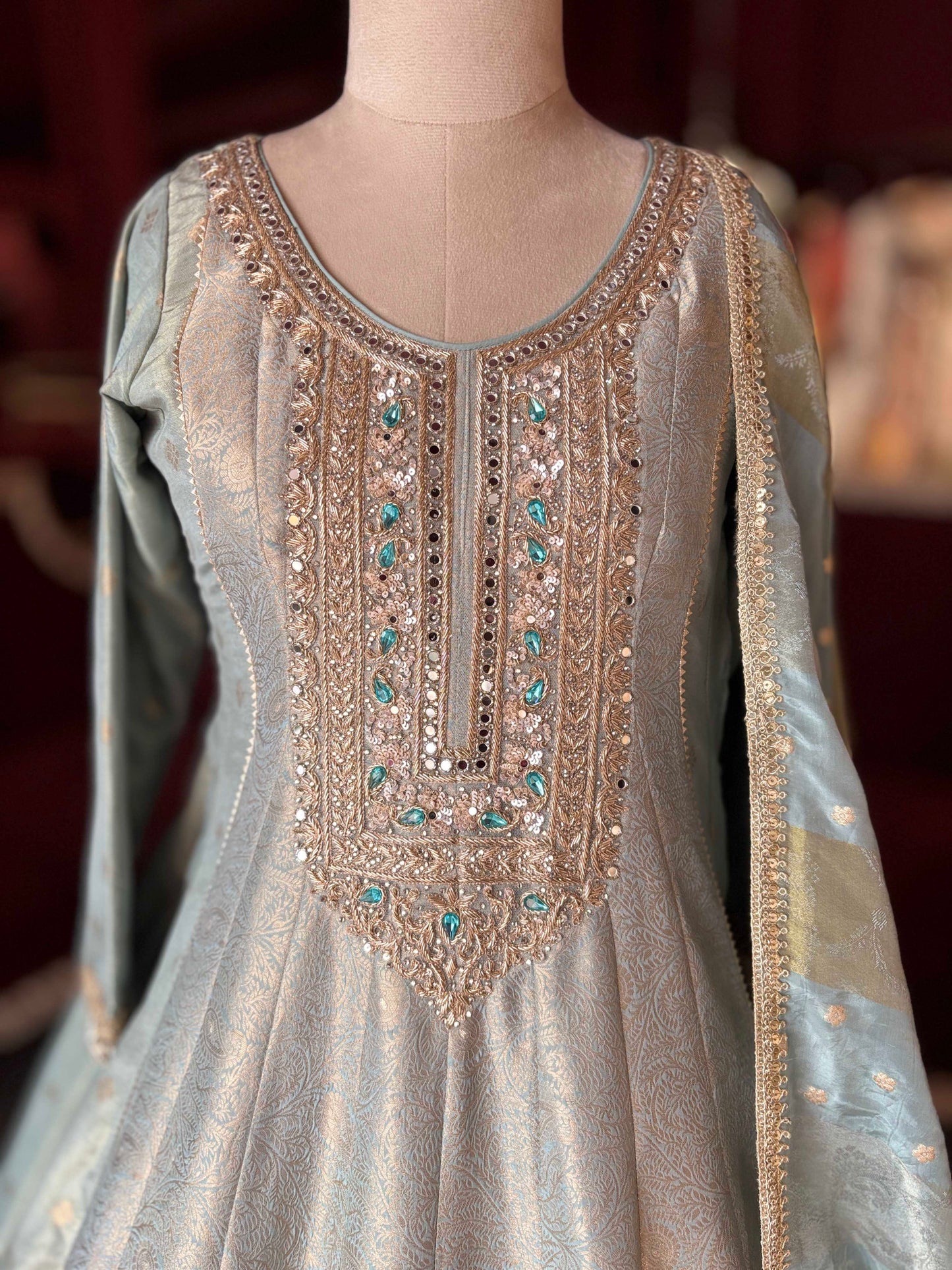 Ice Blue & Gold Embroidered Anarkali Gown with Dupatta