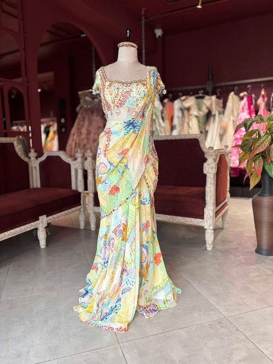 Pastel Multicolor Printed Draped Saree with Embellished Blouse