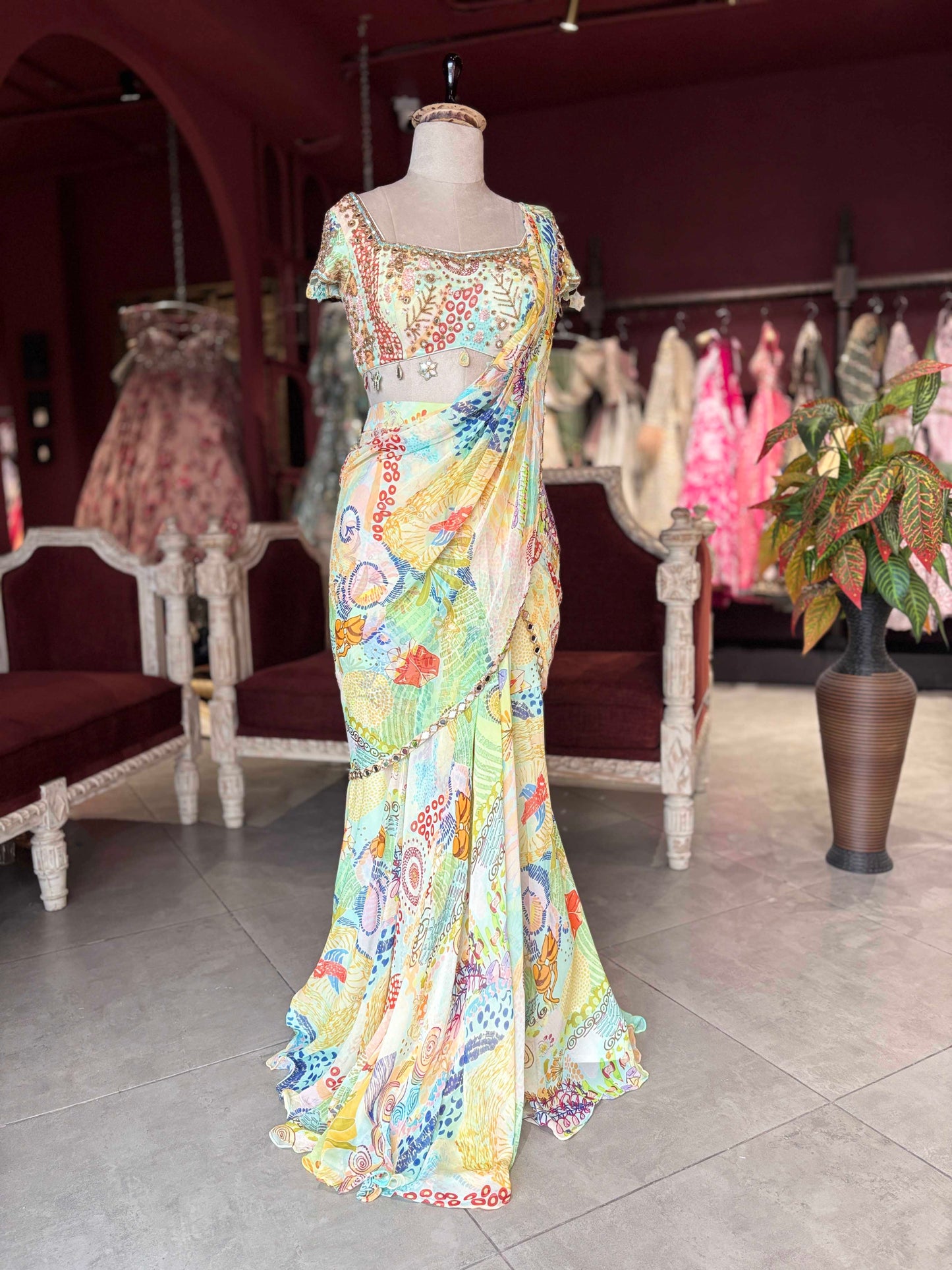 Pastel Multicolor Printed Draped Saree with Embellished Blouse