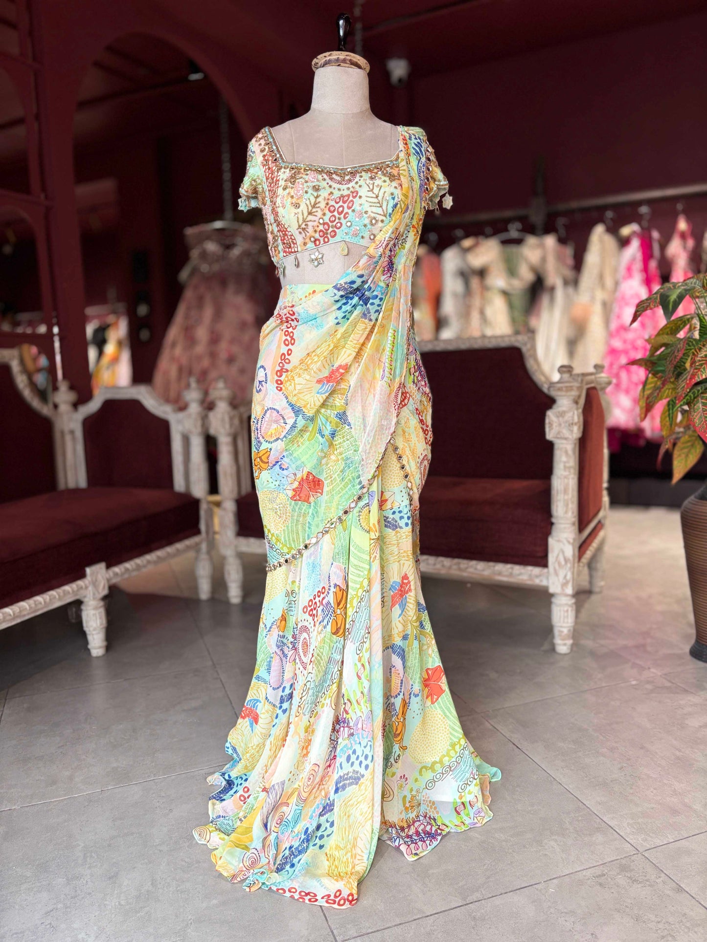 Pastel Multicolor Printed Draped Saree with Embellished Blouse