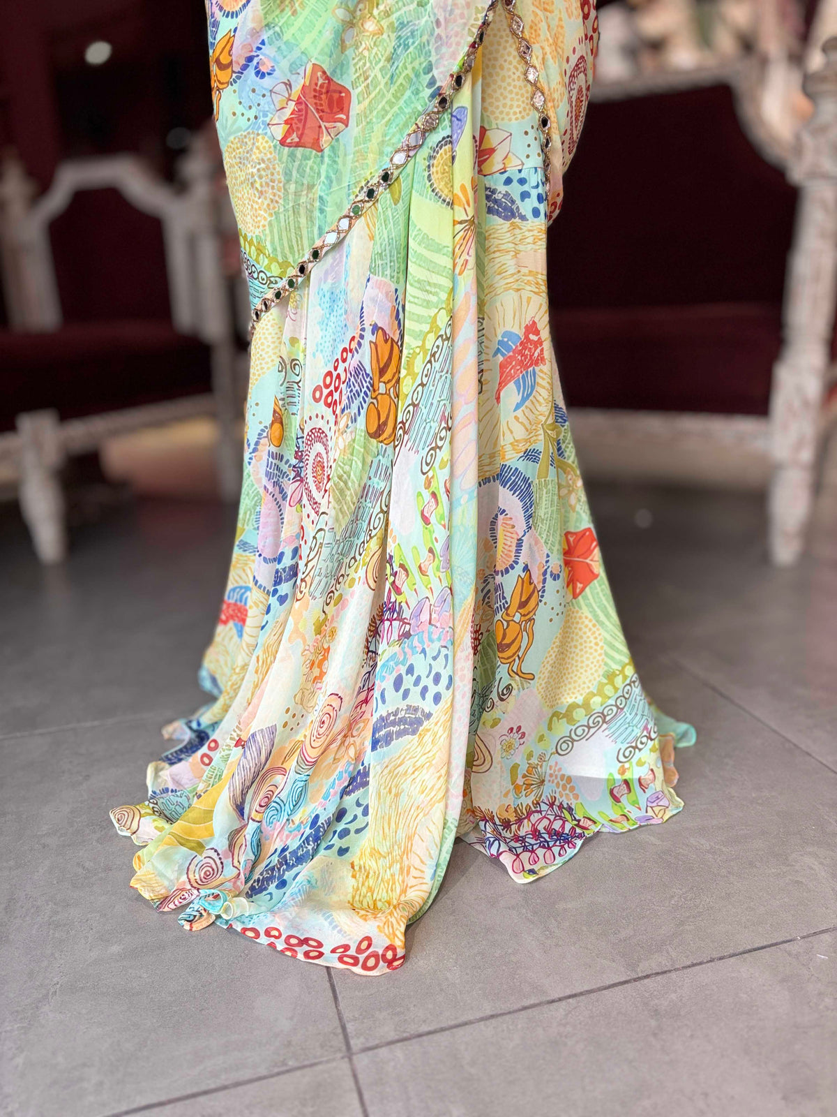 Pastel Multicolor Printed Draped Saree with Embellished Blouse