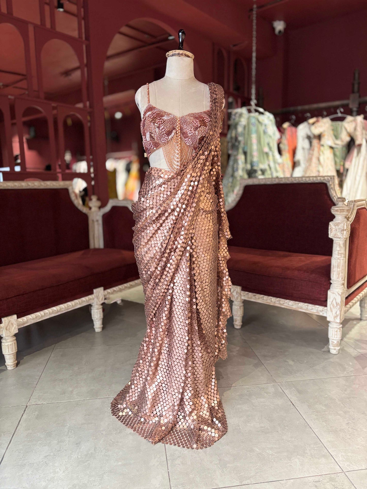 Rose Gold Sequin Draped Saree with Embellished Blouse