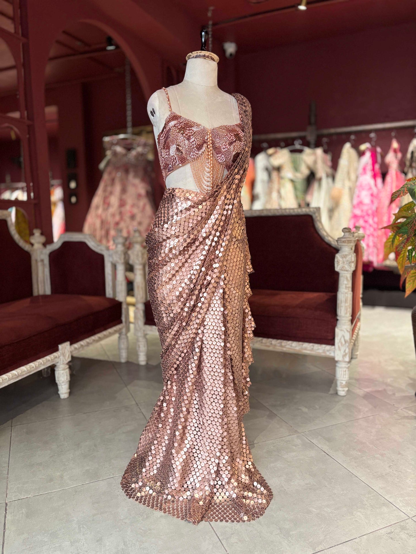 Rose Gold Sequin Draped Saree with Embellished Blouse