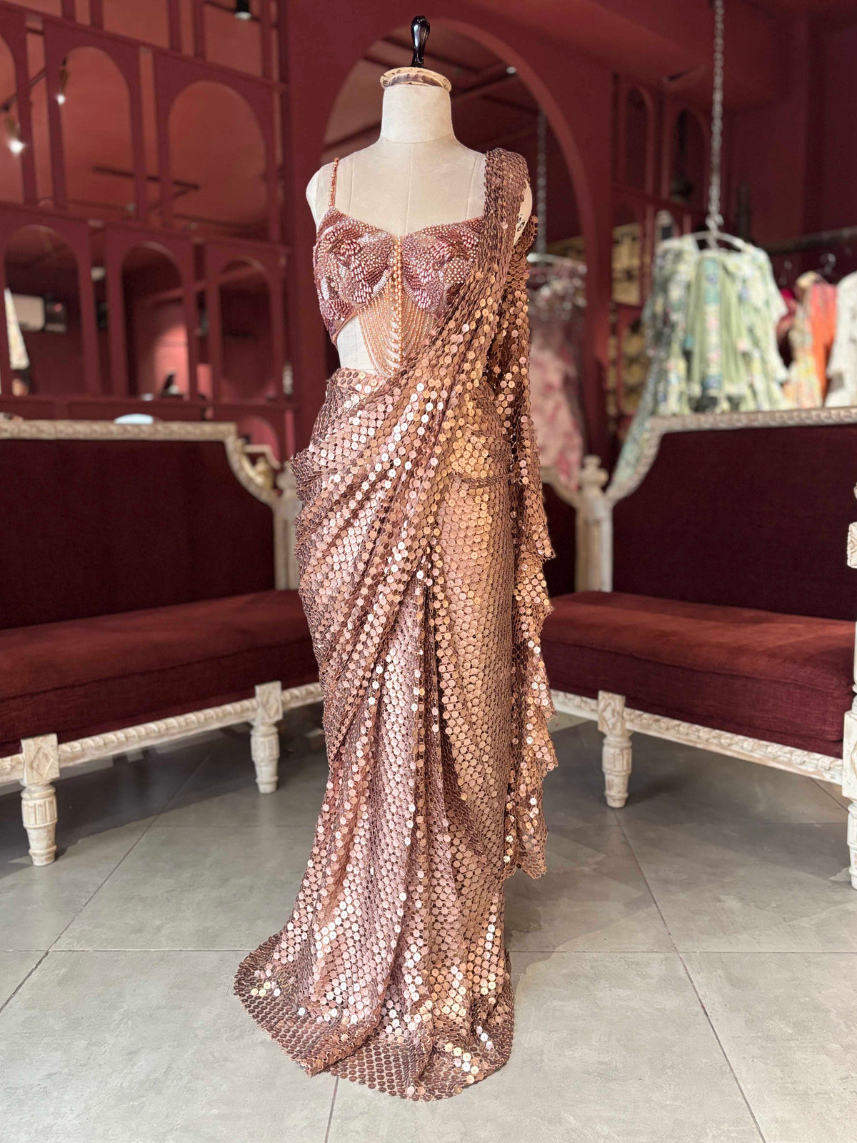 Rose Gold Sequin Draped Saree with Embellished Blouse