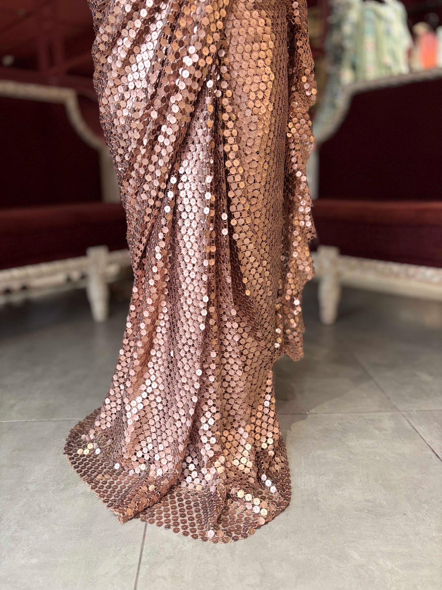 Rose Gold Sequin Draped Saree with Embellished Blouse