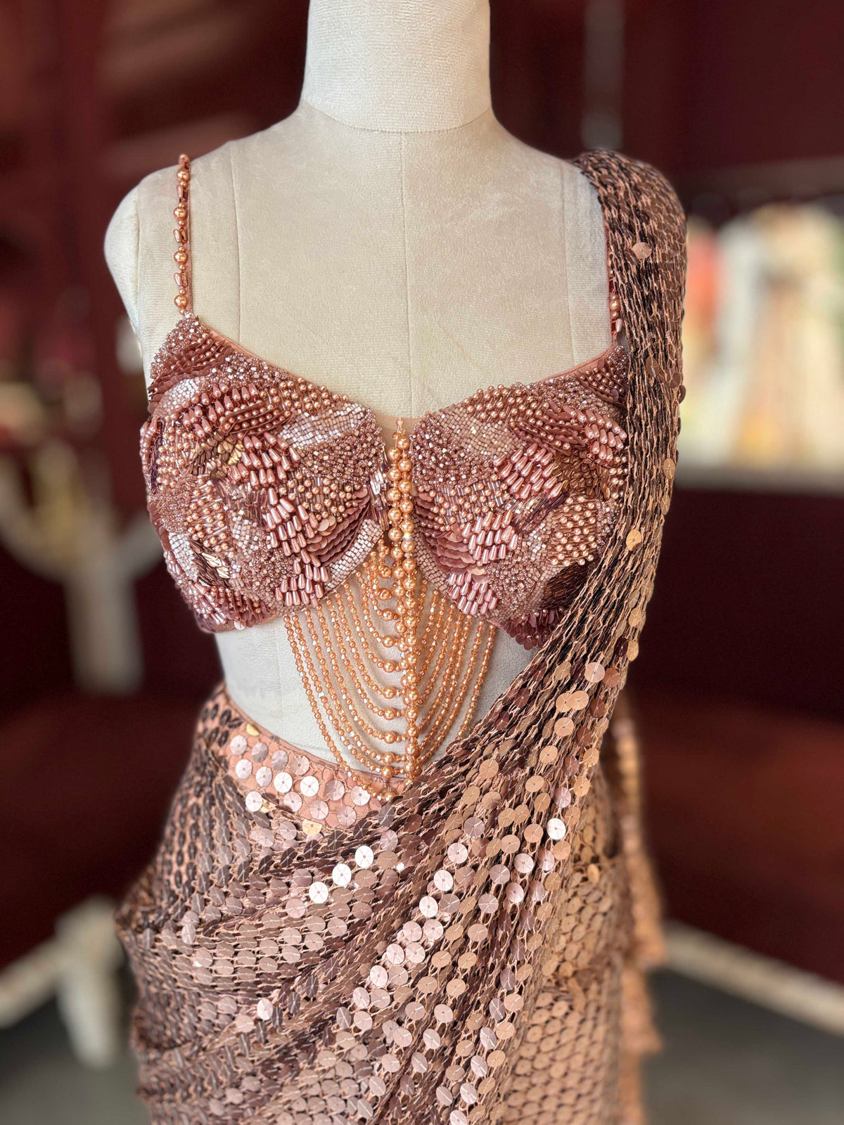 Rose Gold Sequin Draped Saree with Embellished Blouse
