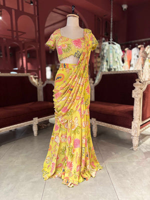 Mustard Yellow Floral Printed Draped Saree with Embellished Blouse