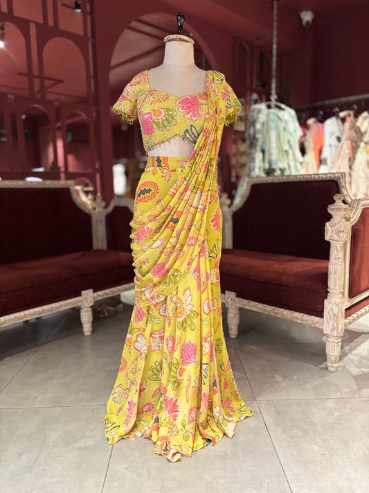 Mustard Yellow Floral Printed Draped Saree with Embellished Blouse