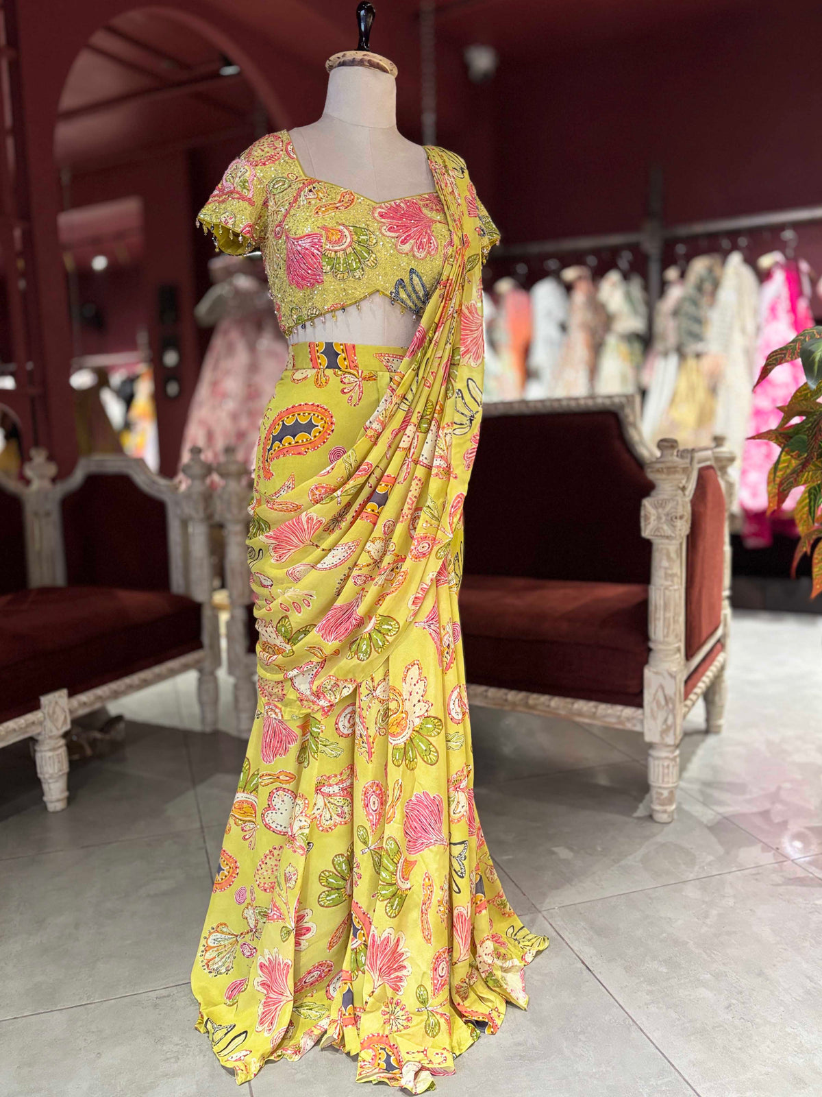 Mustard Yellow Floral Printed Draped Saree with Embellished Blouse