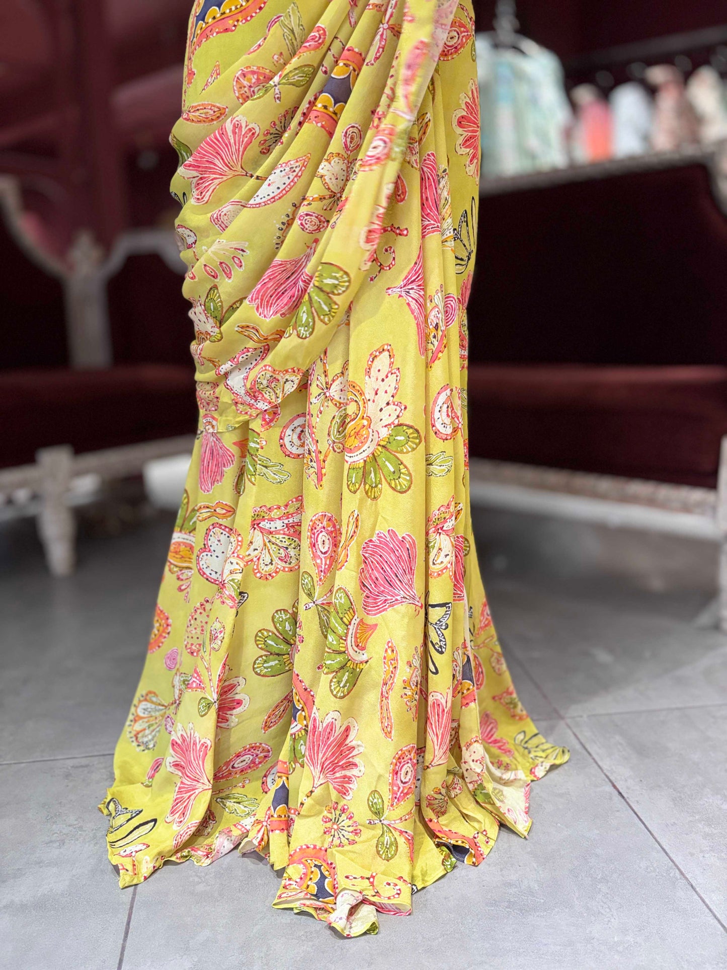 Mustard Yellow Floral Printed Draped Saree with Embellished Blouse