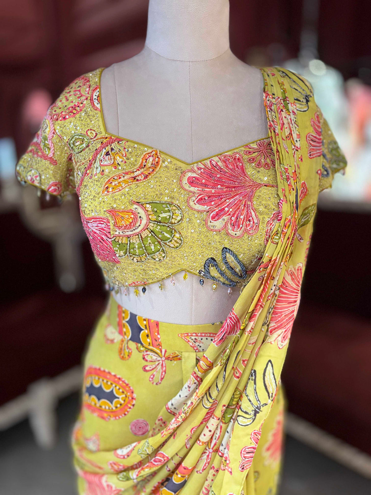 Mustard Yellow Floral Printed Draped Saree with Embellished Blouse