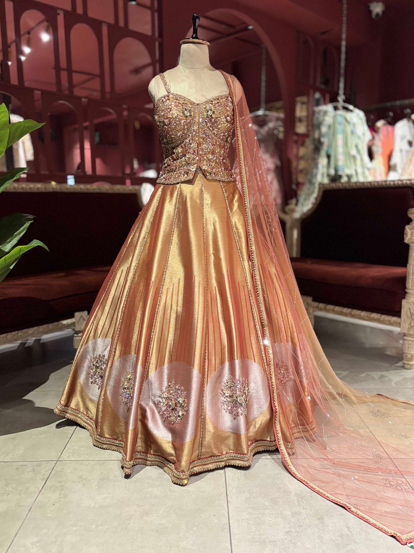 Rose Gold Metallic Lehenga with Embellished Corset Blouse & Dupatta