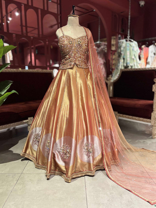 Rose Gold Metallic Lehenga with Embellished Corset Blouse & Dupatta