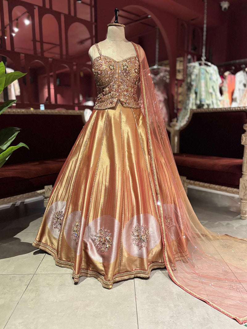 Rose Gold Metallic Lehenga with Embellished Corset Blouse & Dupatta