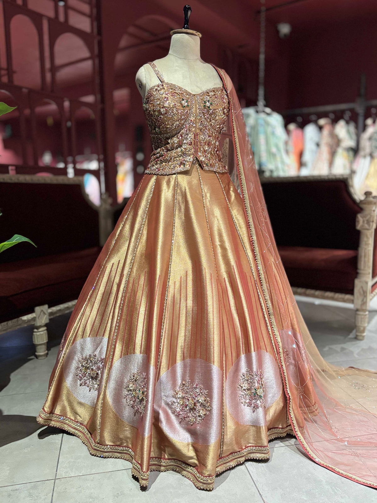 Rose Gold Metallic Lehenga with Embellished Corset Blouse & Dupatta