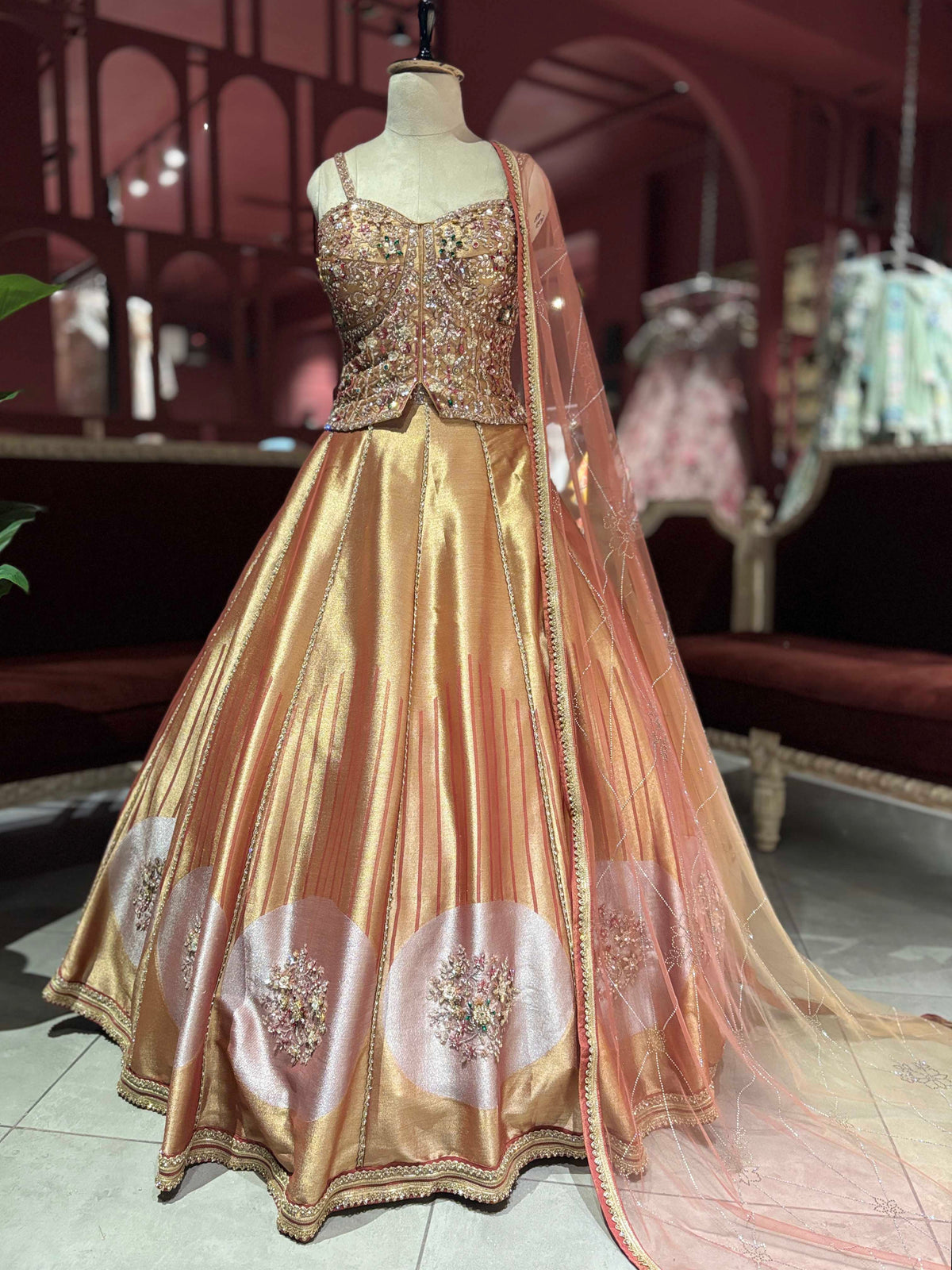 Rose Gold Metallic Lehenga with Embellished Corset Blouse & Dupatta