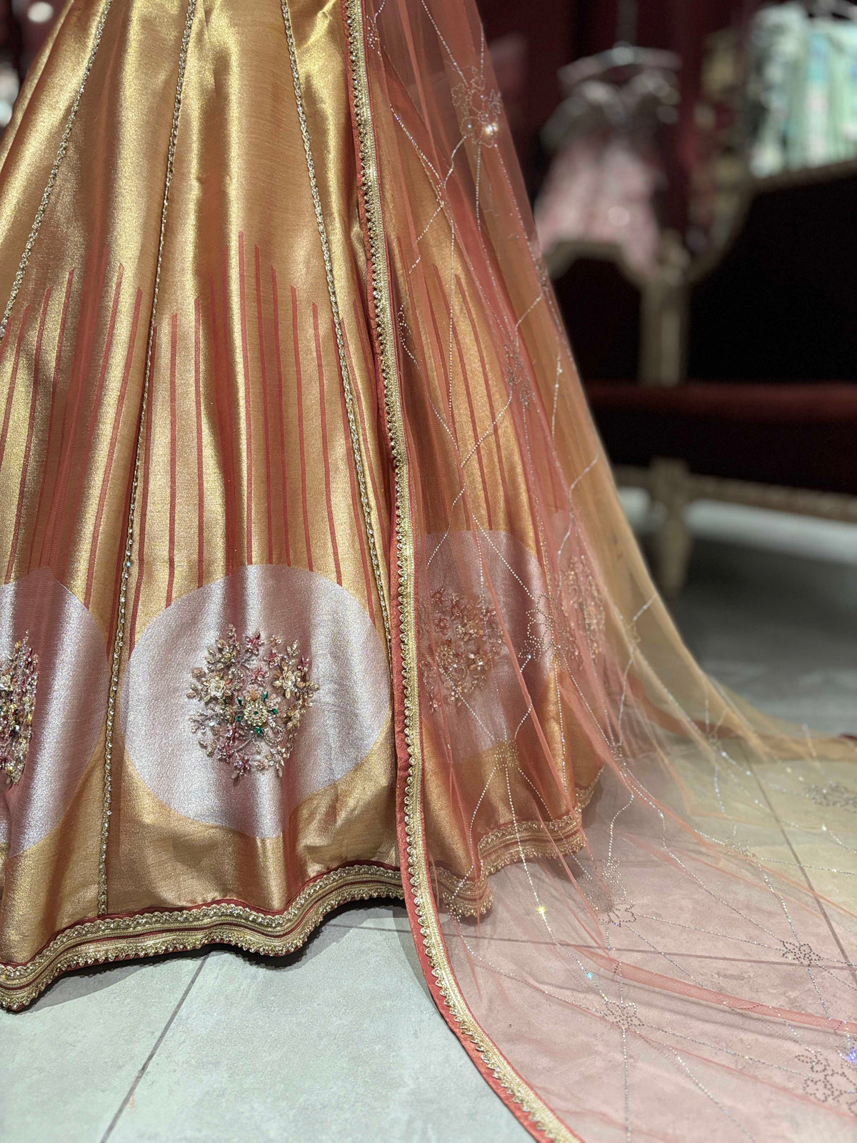 Rose Gold Metallic Lehenga with Embellished Corset Blouse & Dupatta