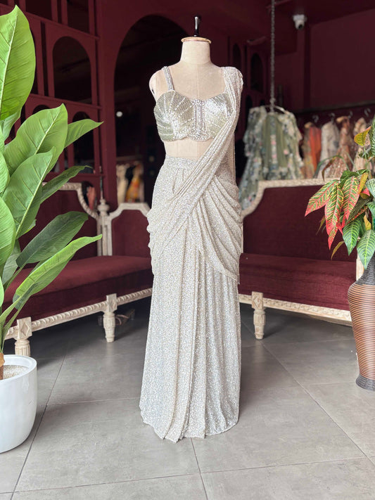 Silver Sequin Draped Saree with Embellished Bustier Blouse
