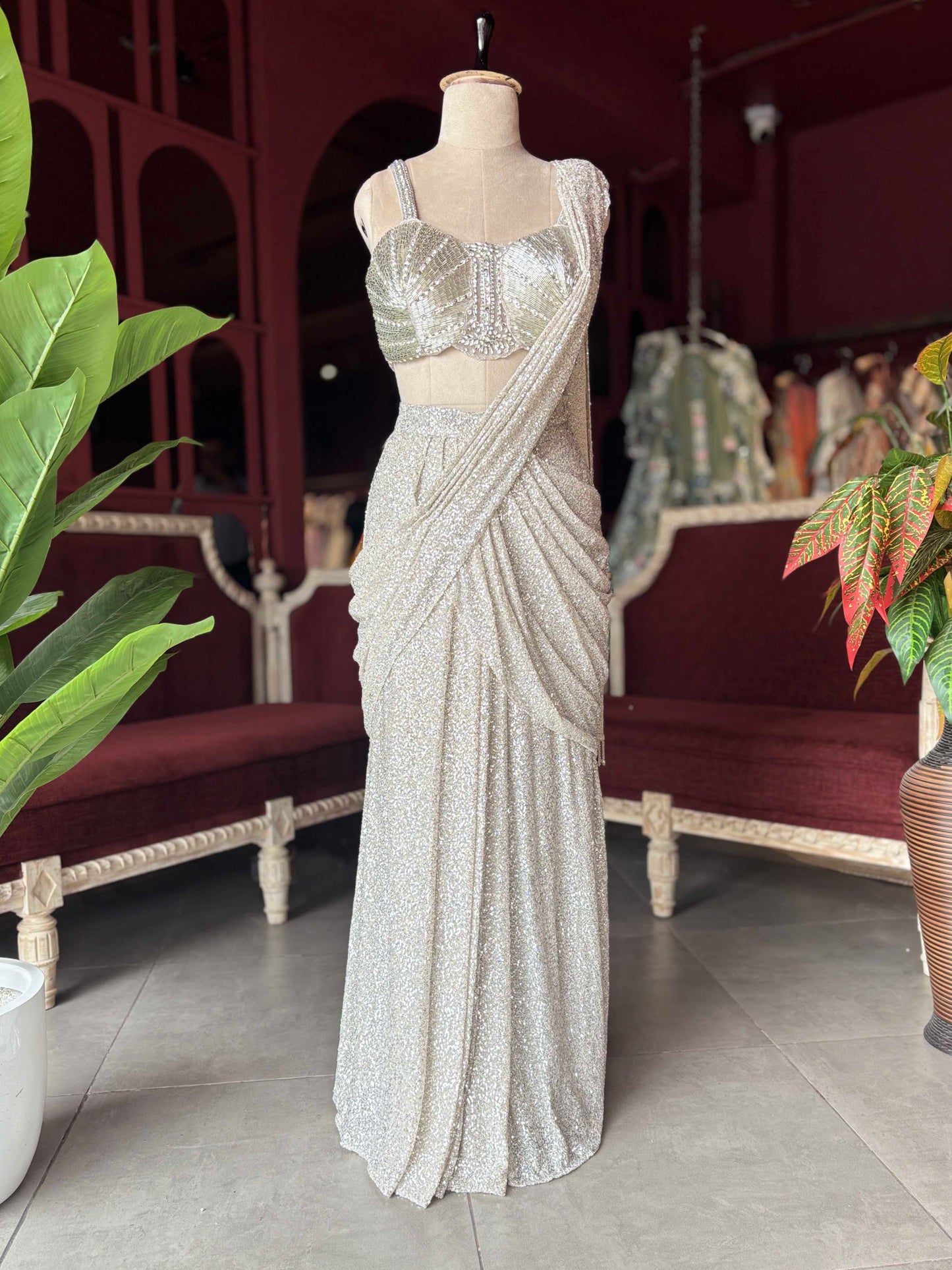 Silver Sequin Draped Saree with Embellished Bustier Blouse