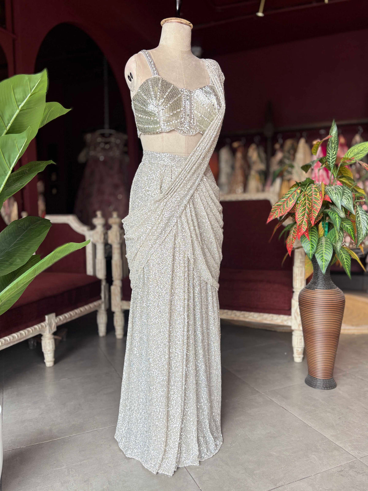 Silver Sequin Draped Saree with Embellished Bustier Blouse