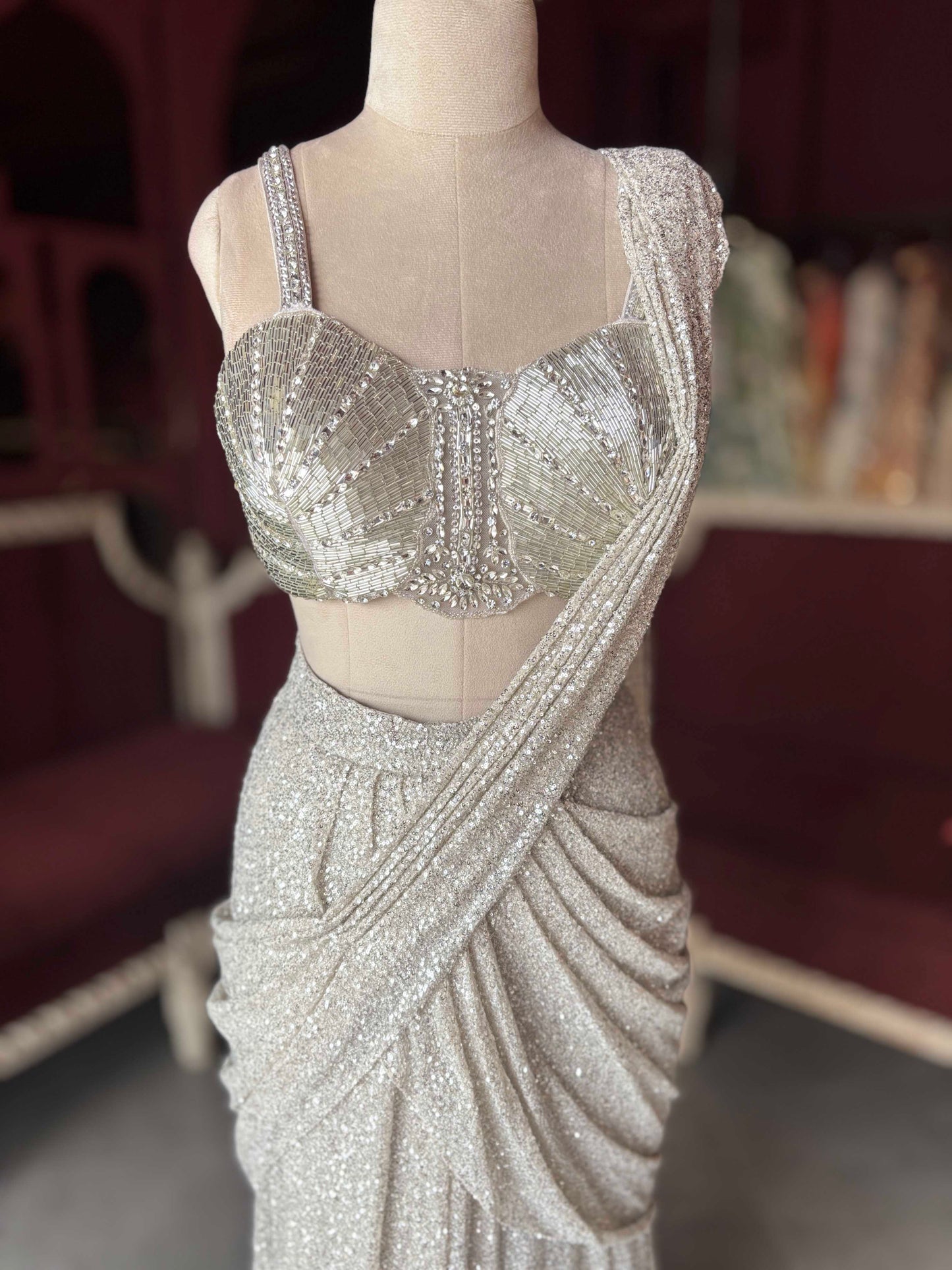 Silver Sequin Draped Saree with Embellished Bustier Blouse