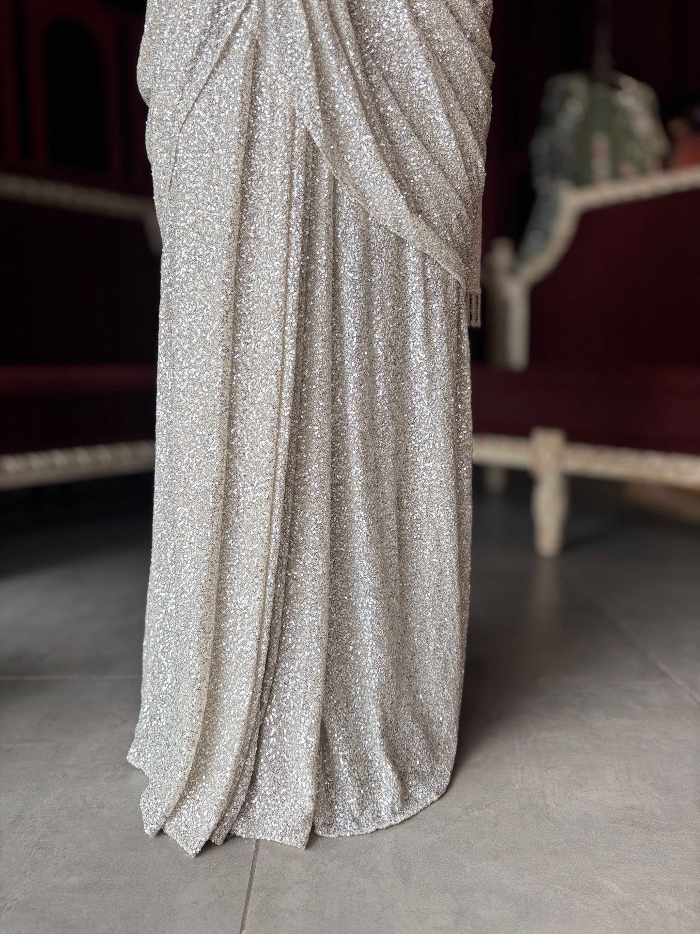 Silver Sequin Draped Saree with Embellished Bustier Blouse