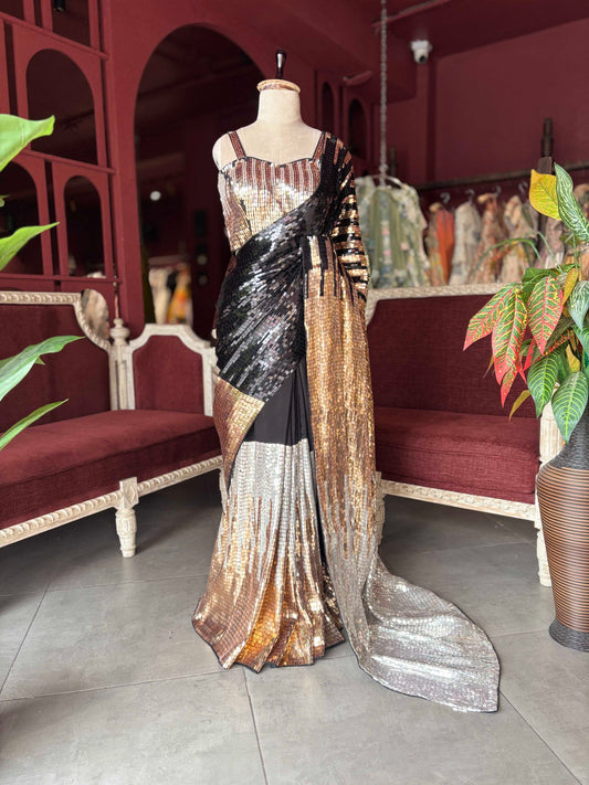 Black, Gold & Silver Sequin Designer Saree with Matching Blouse