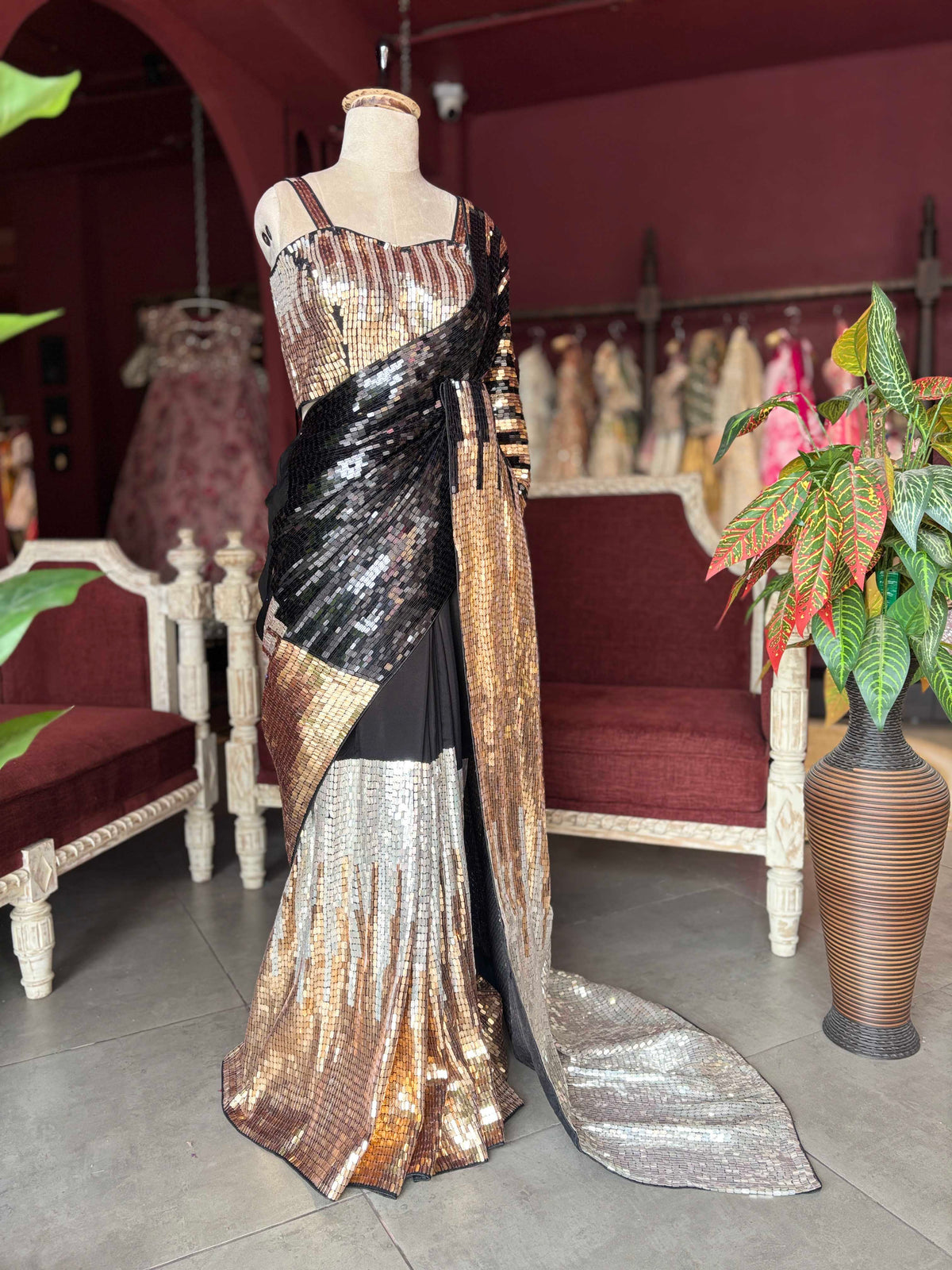 Black, Gold & Silver Sequin Designer Saree with Matching Blouse