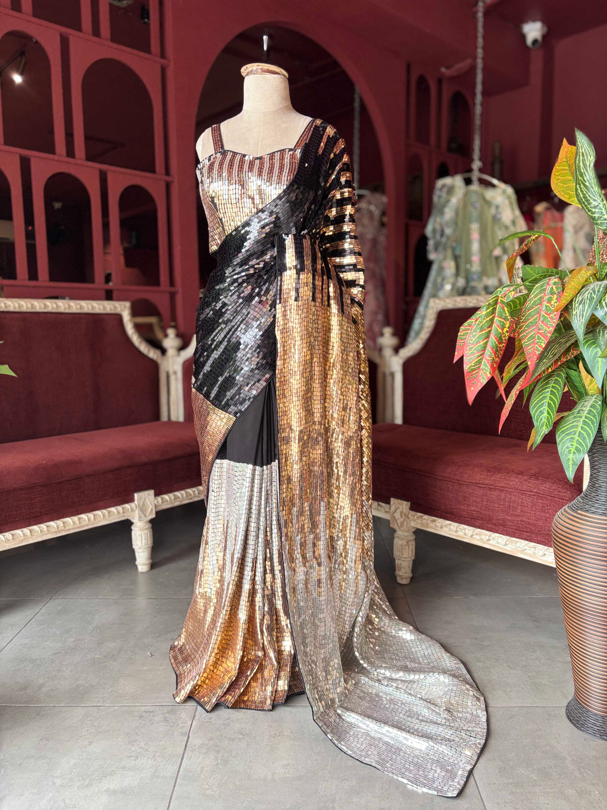 Black, Gold & Silver Sequin Designer Saree with Matching Blouse
