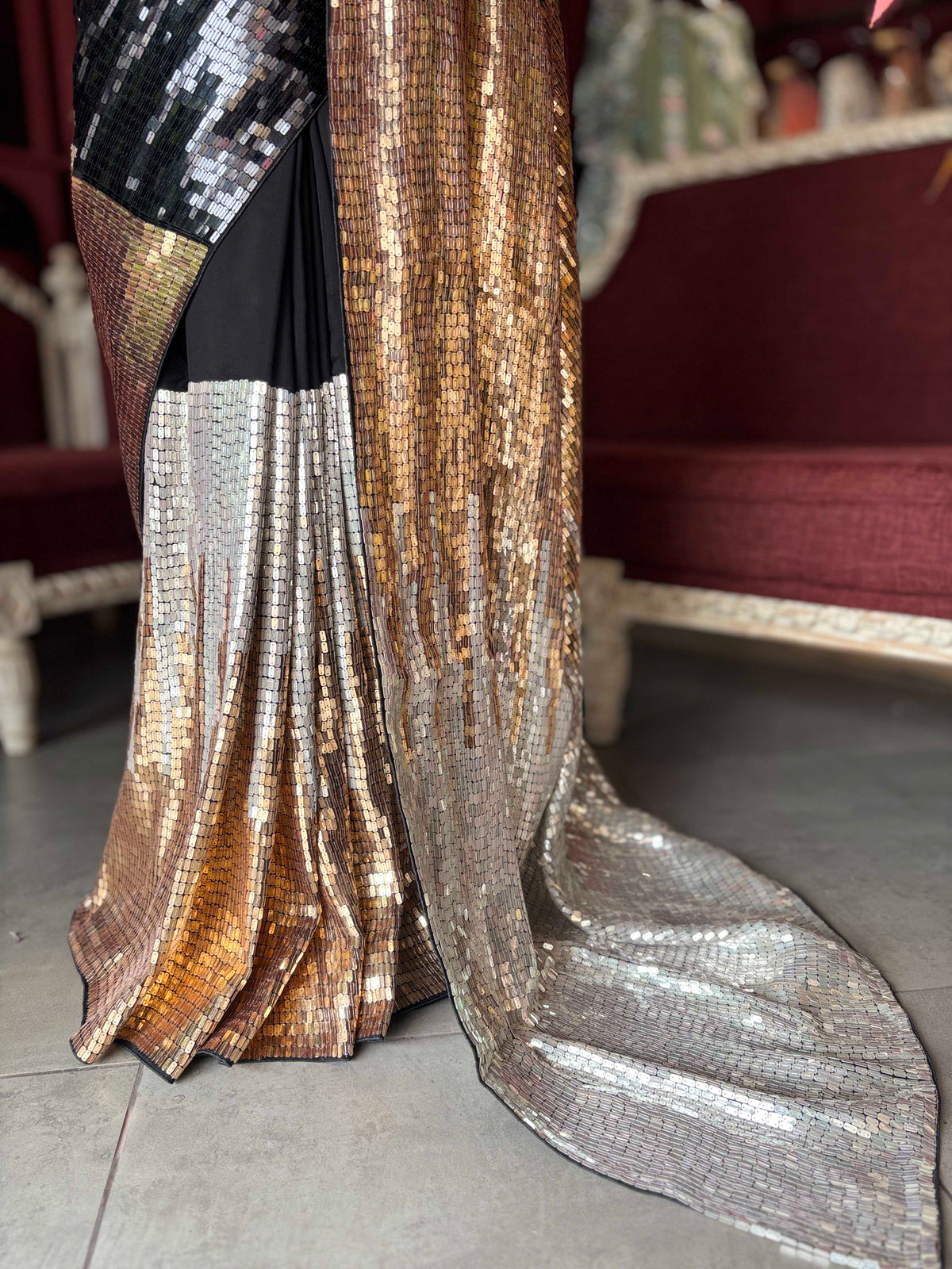 Black, Gold & Silver Sequin Designer Saree with Matching Blouse