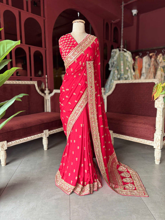 Red Designer Embroidered Saree with Heavy Gold Zari Border