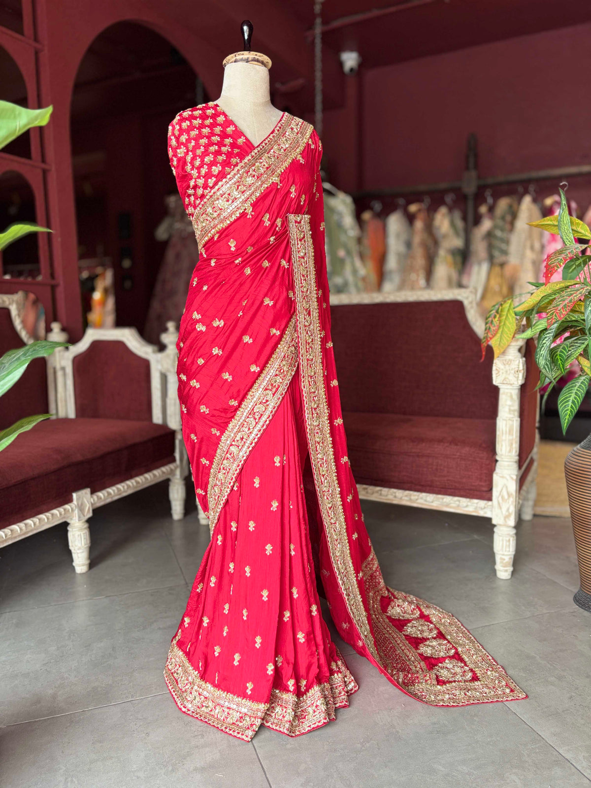 Red Designer Embroidered Saree with Heavy Gold Zari Border