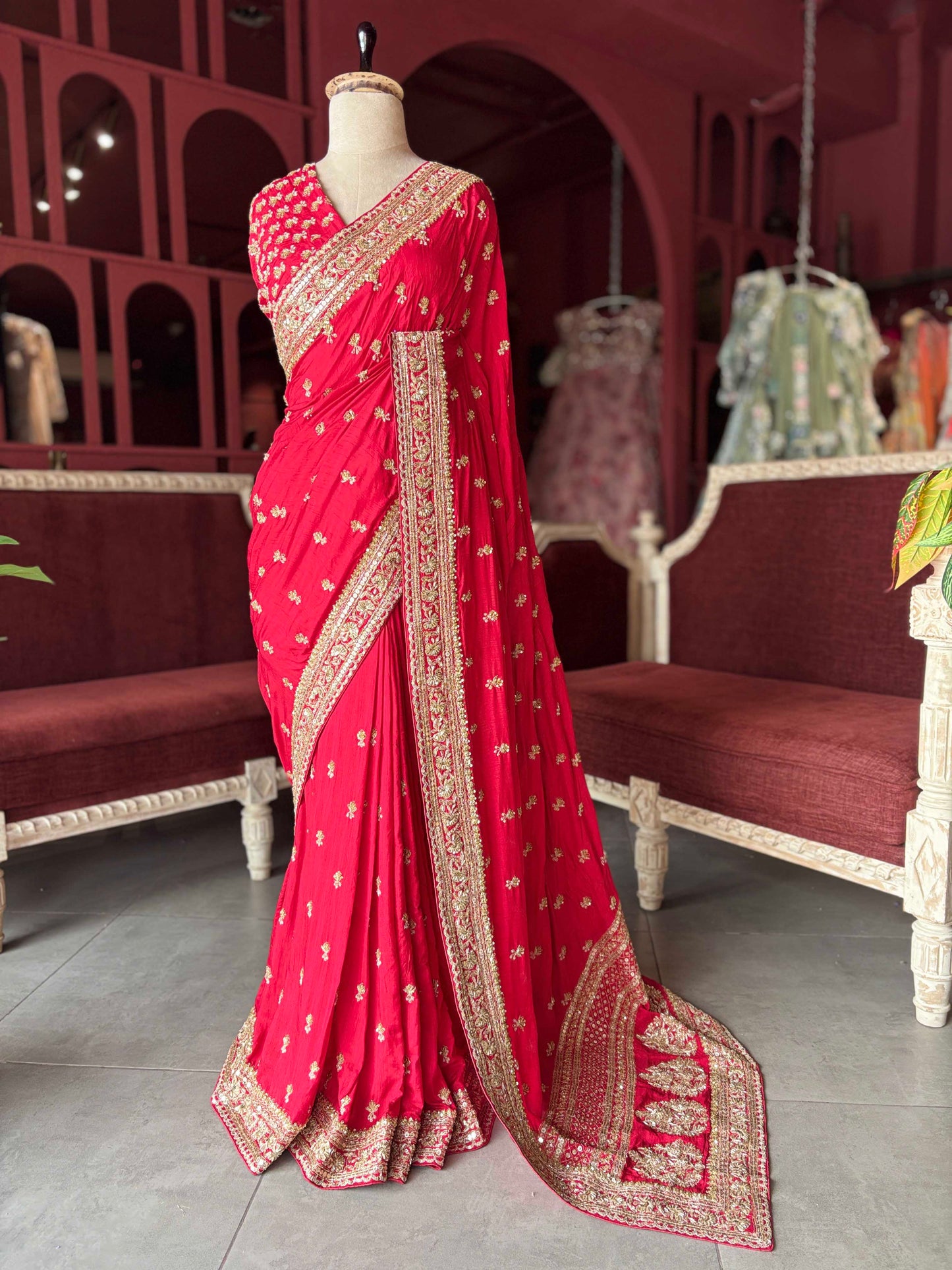 Red Designer Embroidered Saree with Heavy Gold Zari Border