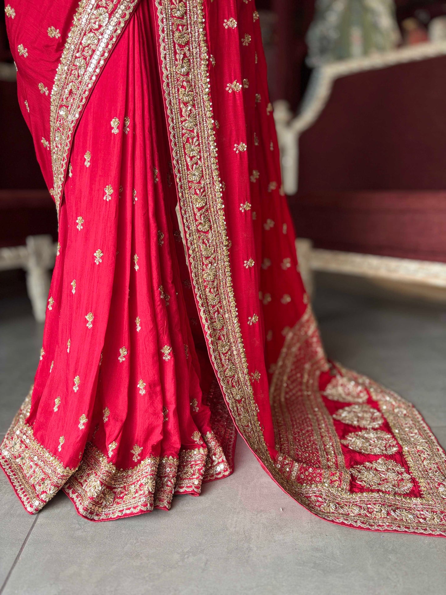Red Designer Embroidered Saree with Heavy Gold Zari Border