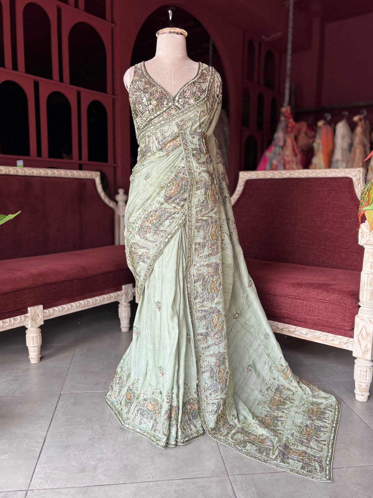 Luxury Green Mirror Work Designer Saree with Heavy Hand Embroidered