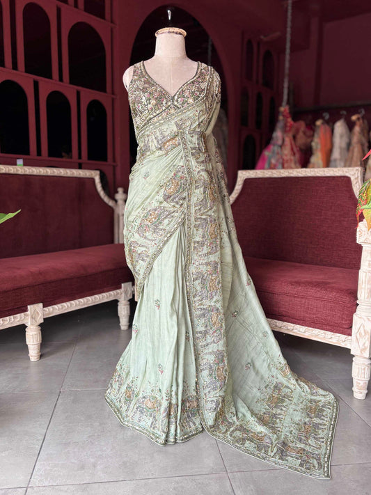Luxury Green Mirror Work Designer Saree with Heavy Hand Embroidered