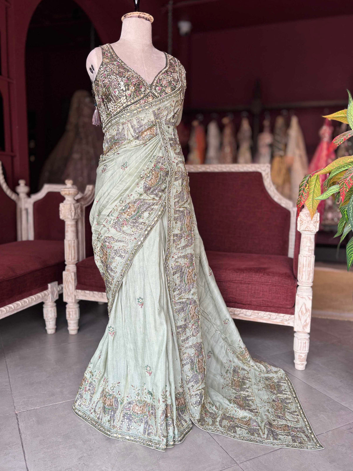 Luxury Green Mirror Work Designer Saree with Heavy Hand Embroidered