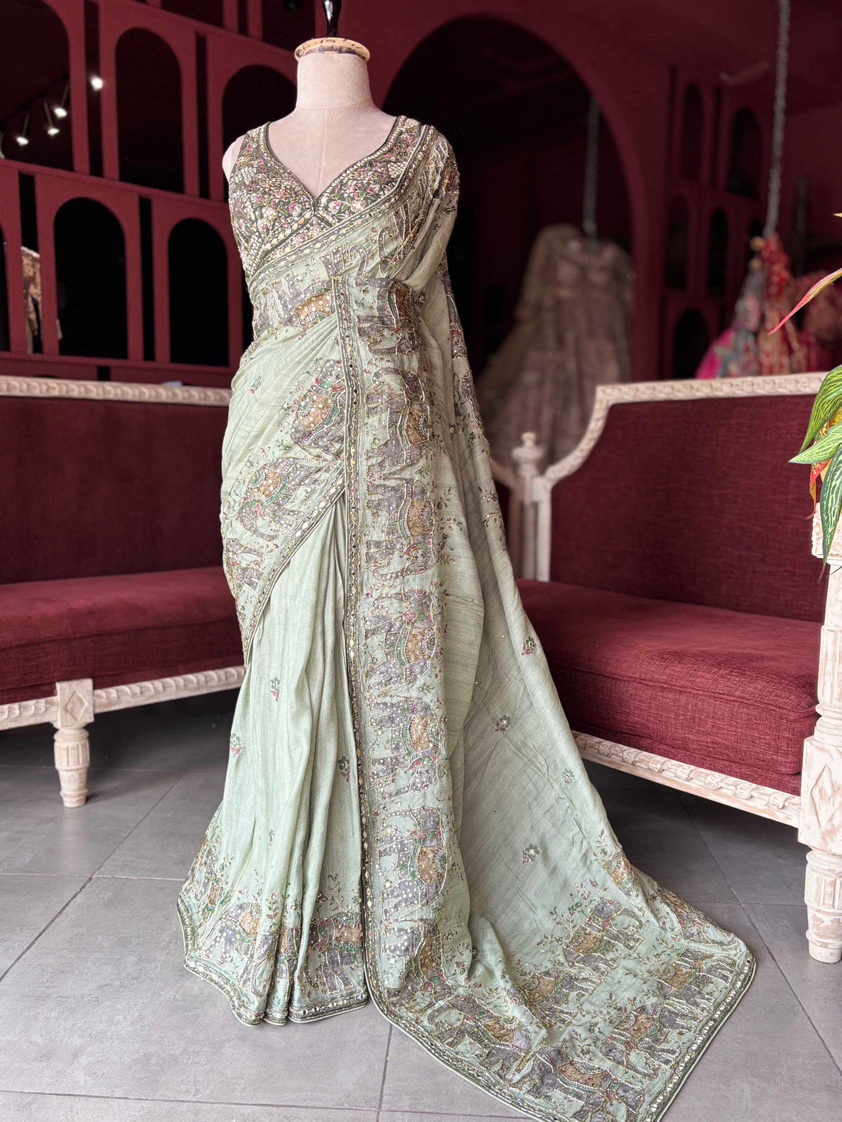 Luxury Green Mirror Work Designer Saree with Heavy Hand Embroidered