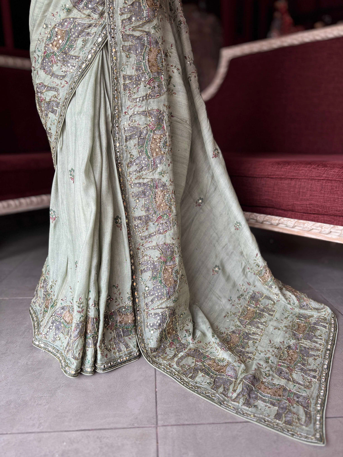 Luxury Green Mirror Work Designer Saree with Heavy Hand Embroidered