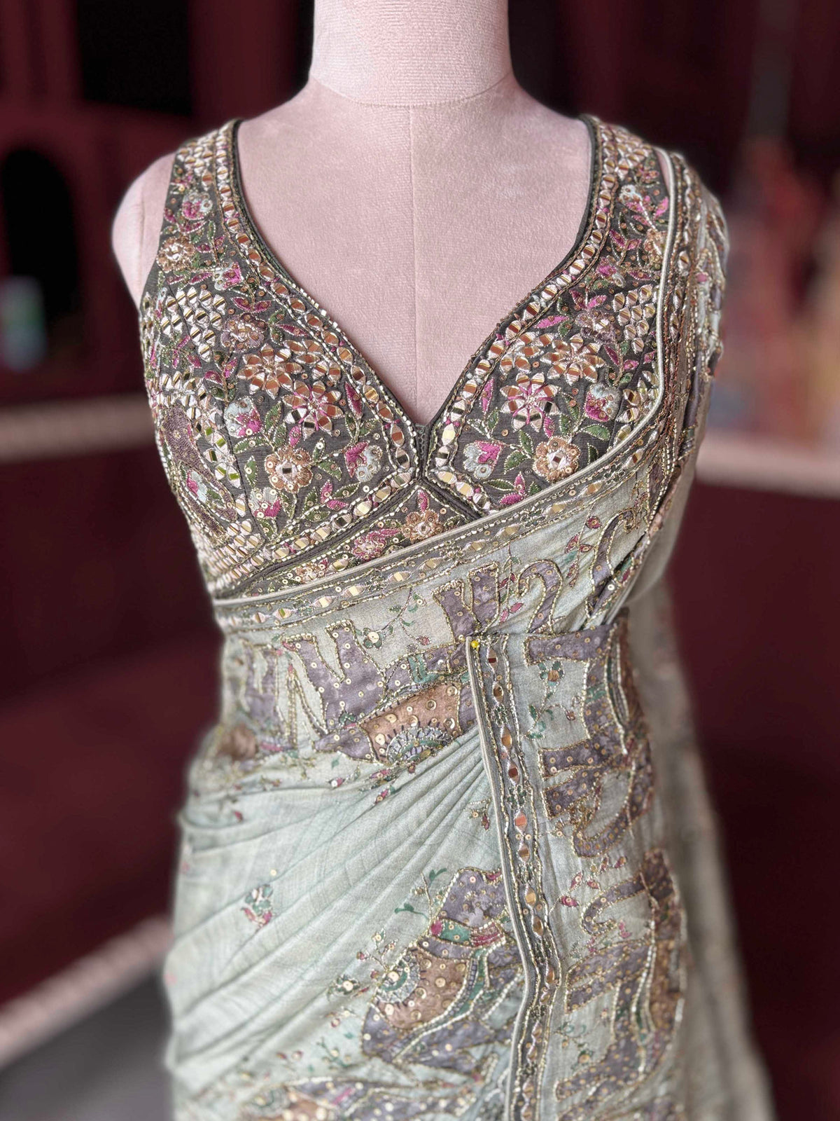Luxury Green Mirror Work Designer Saree with Heavy Hand Embroidered