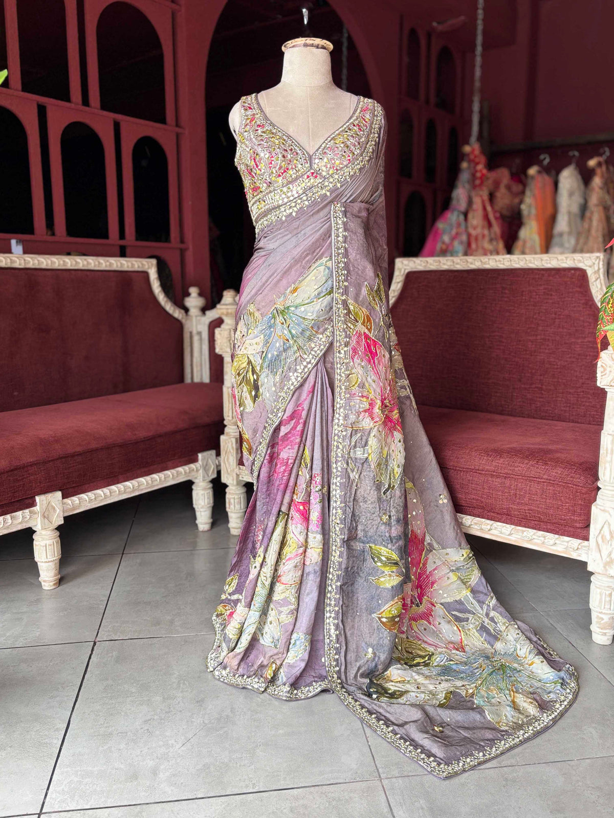 Mauve Floral Embroidered Saree with Embellished Blouse