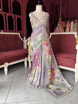 Mauve Floral Embroidered Saree with Embellished Blouse